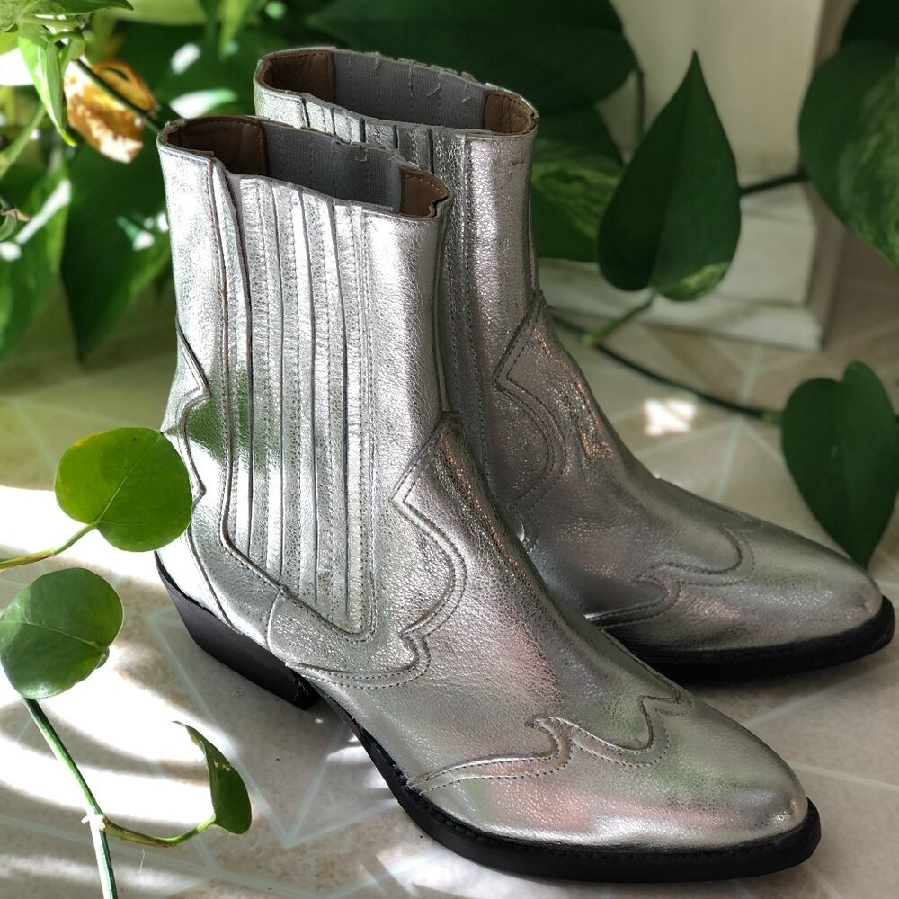 Metallic Silver Cowboy Boots from Anthropologie (Brand New & Never Worn)